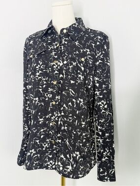 Tory Burch Brigitte Gesso Floral Blouse Black White Size 8 Button Up Long Sleeve